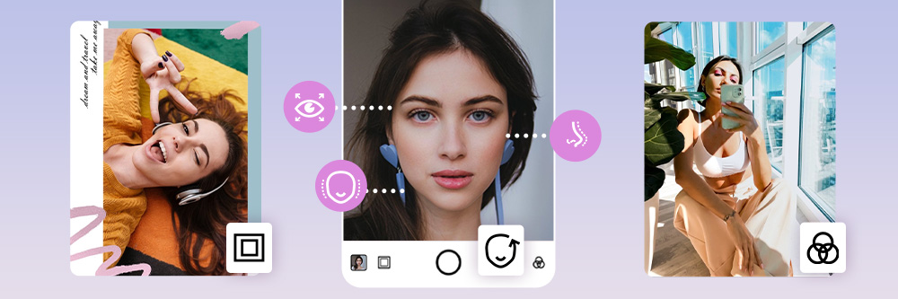 PhotoDirector's camera UI including filters, frames and portrait tools